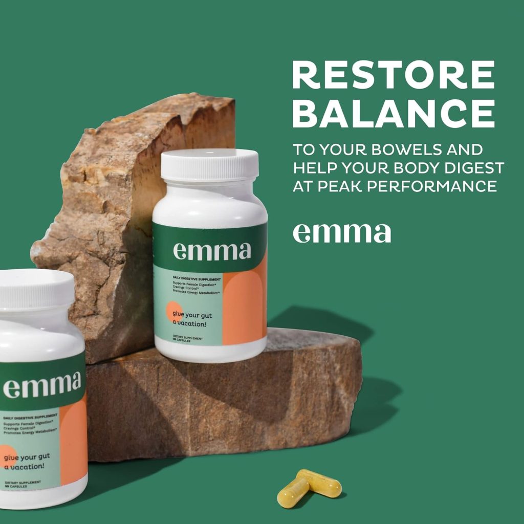 Emma Gut Health - Gas and Bloating Relief, Constipation, Leaky Gut Repair - Gut Cleanse  Restore Digestion - Regulate Bowel Movement. Probiotics and Laxative Alternative, 60 Capsules