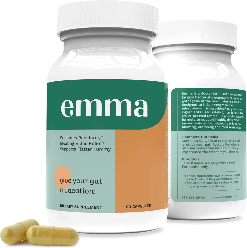 Emma Gut Health - Gas and Bloating Relief, Constipation, Leaky Gut Repair - Gut Cleanse  Restore Digestion - Regulate Bowel Movement. Probiotics and Laxative Alternative, 60 Capsules