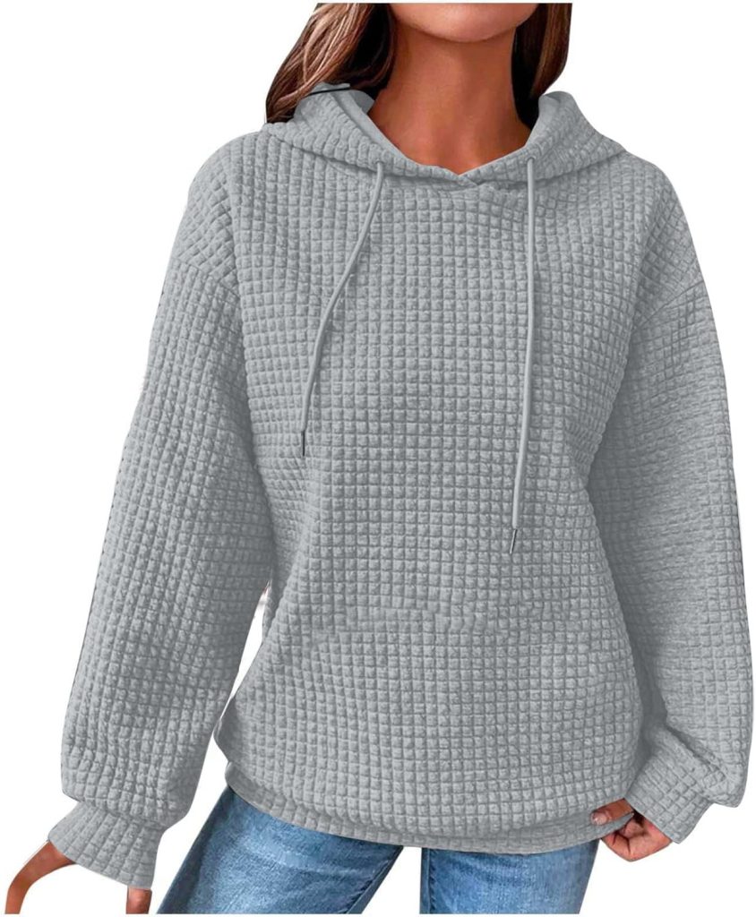 Oggfader Womens Waffle Knit Long Sleeve Hoodies Oversized Drawstring Casual Sweatshirts Loose Hooded Pullover Tops 2023