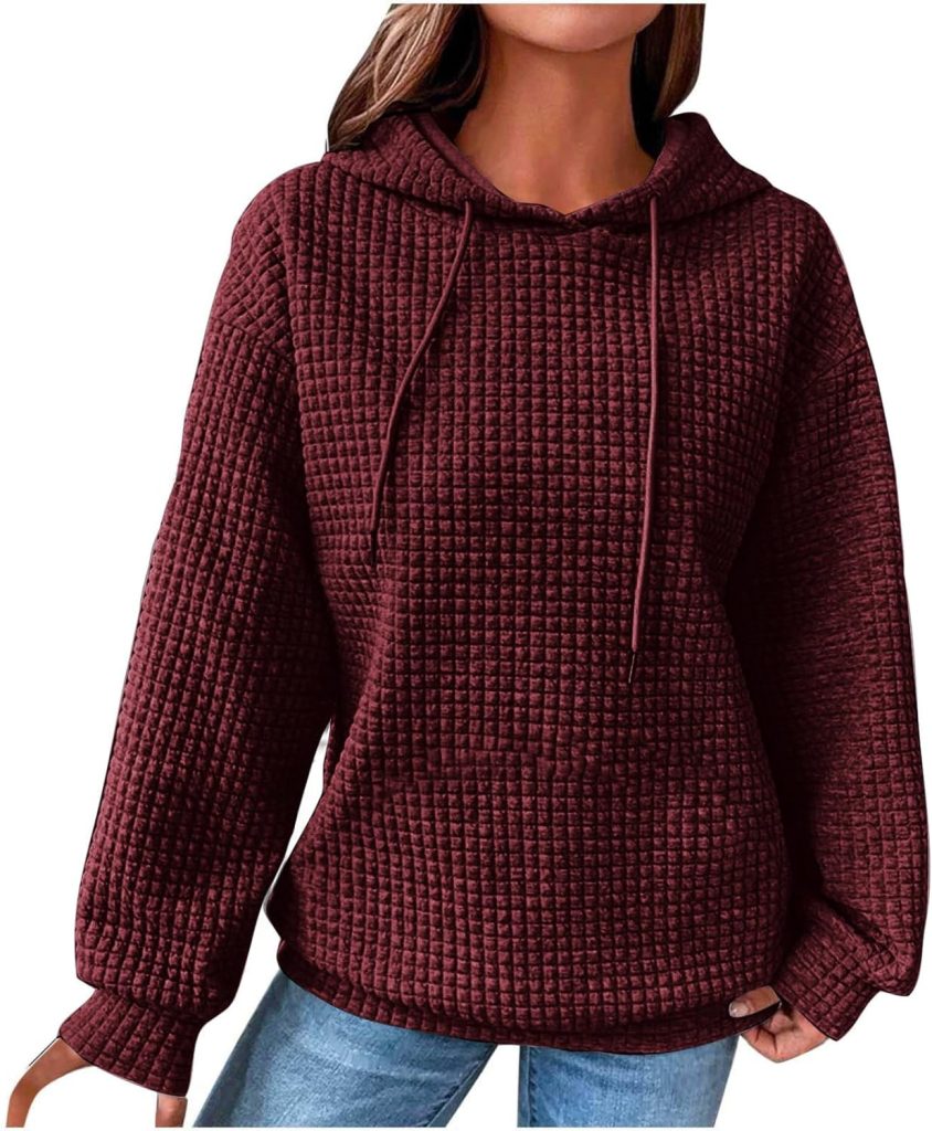 Oggfader Womens Waffle Knit Long Sleeve Hoodies Oversized Drawstring Casual Sweatshirts Loose Hooded Pullover Tops 2023