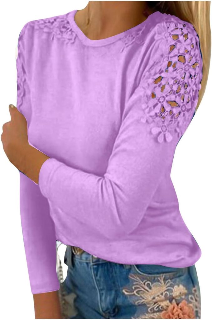 Plus Size Fall Fashion Tops for Women 2023 Casual Loose Lace Crochet Long Sleeve Tunic Shirts Solid Comfy Tshirt Blouse
