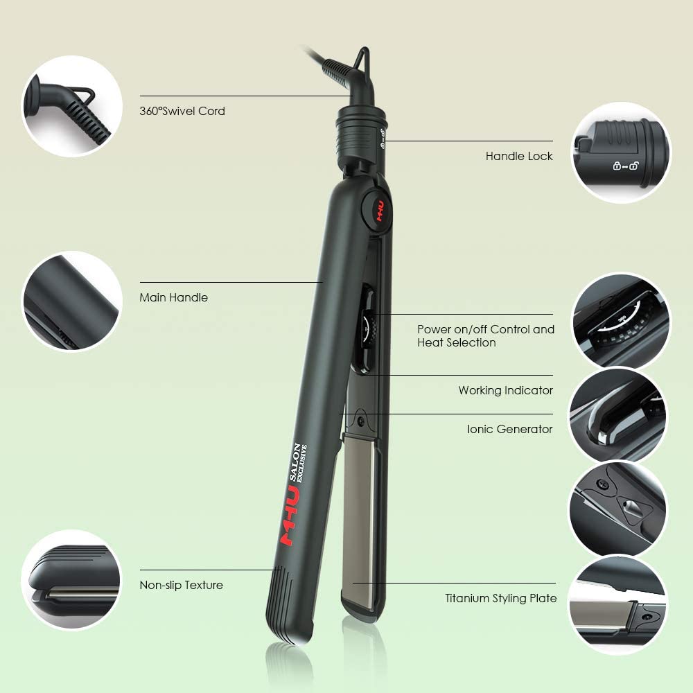 Professional Negative Ion Hair Straightener,Ceramic Flat Iron with 1 inch Titanium Styling Plates,Rotating Adjustable Temperature for All Hair Types,Auto Shut Off,Dual Voltage,Black