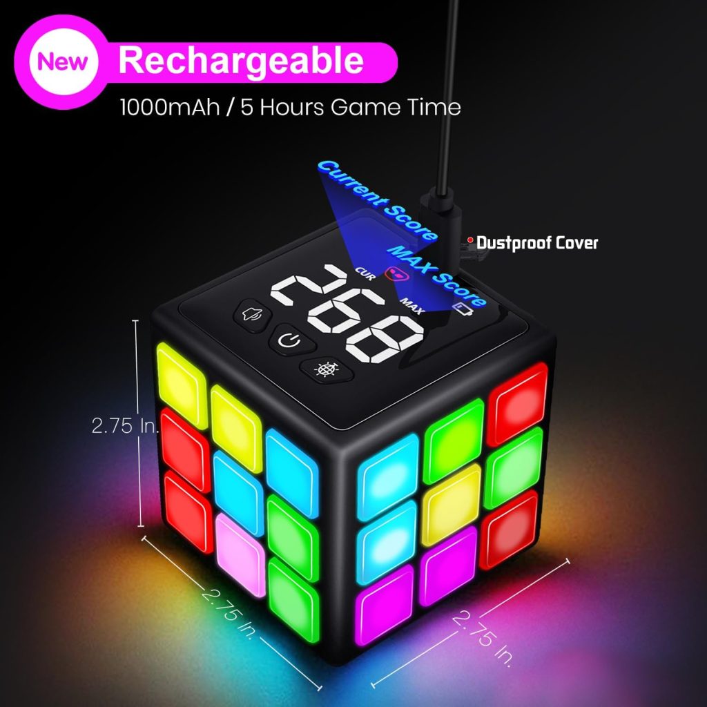 Xinbeiya Rechargeable Game Handheld Cube, 15 Fun Brain  Memory Game with Score Screen, Cool Toys for Kids, Christmas Birthday Gifts for Boys Girls Aged 6-12+ Years Old, Toy Gift Idea for Kids（Black）
