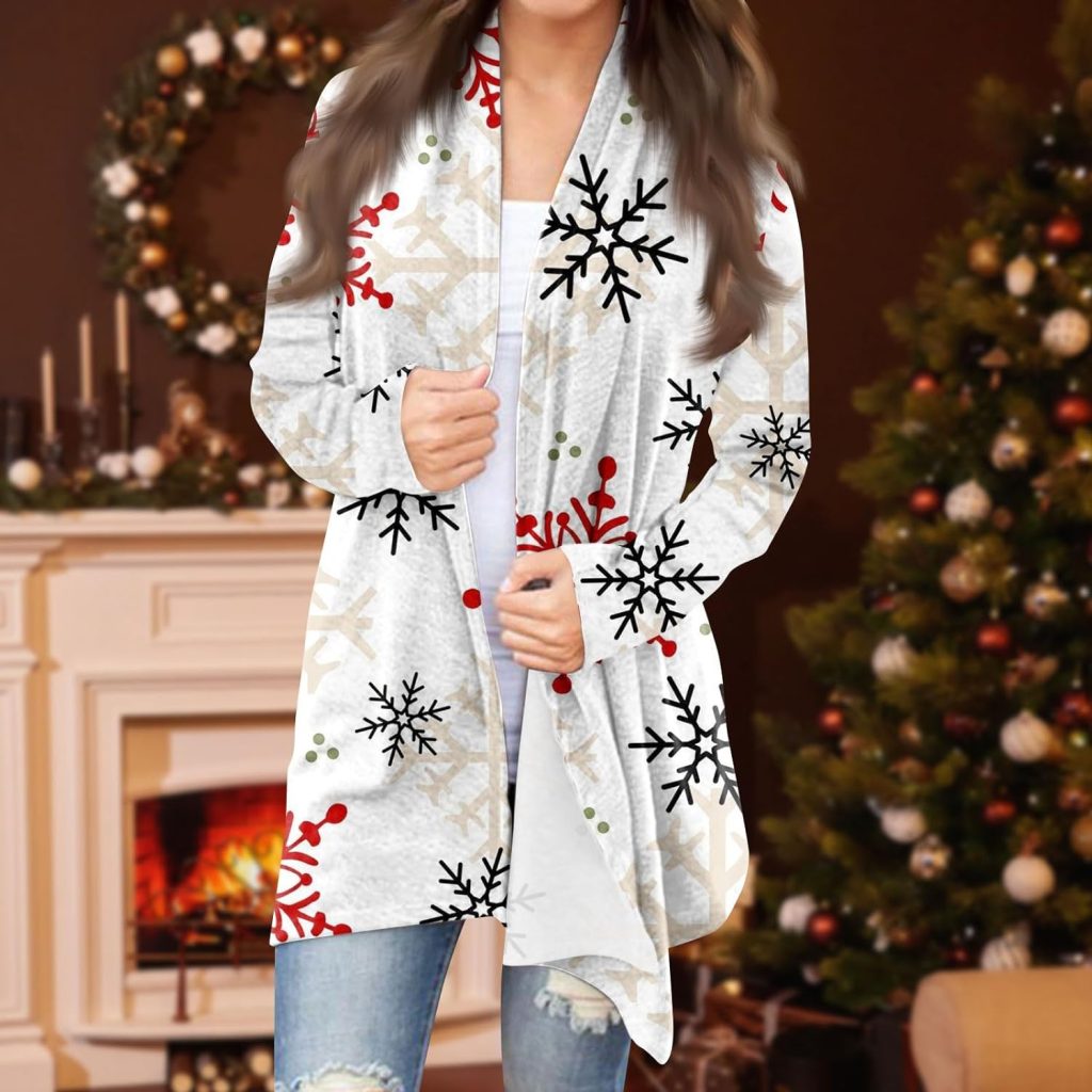 ZEFOTIM Christmas Cardigan for Women Light Weight Open Front Funny Reindeer Xmas Fashion Casual Shirts