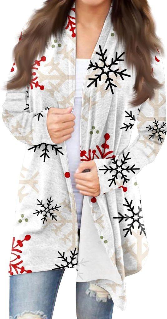 ZEFOTIM Christmas Cardigan for Women Light Weight Open Front Funny Reindeer Xmas Fashion Casual Shirts